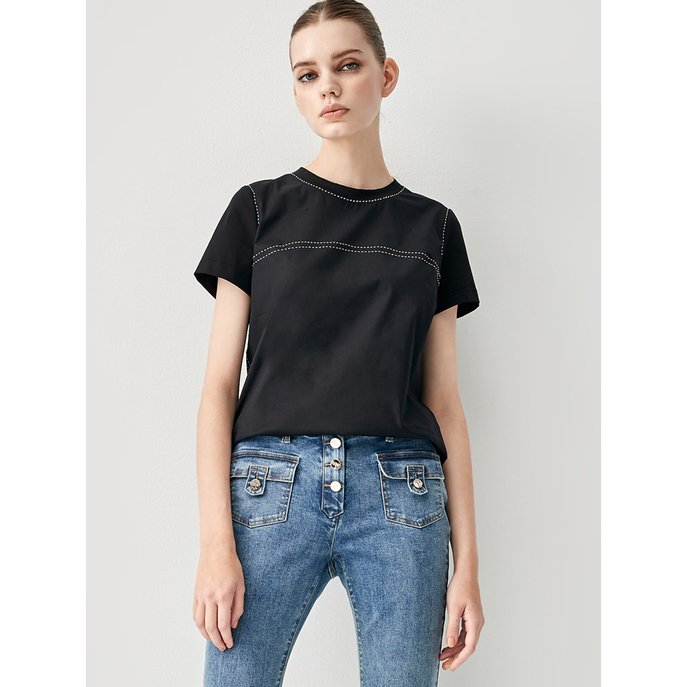 iROO Women Fashion Basic Black Tee With Contrast White Stitching Detail