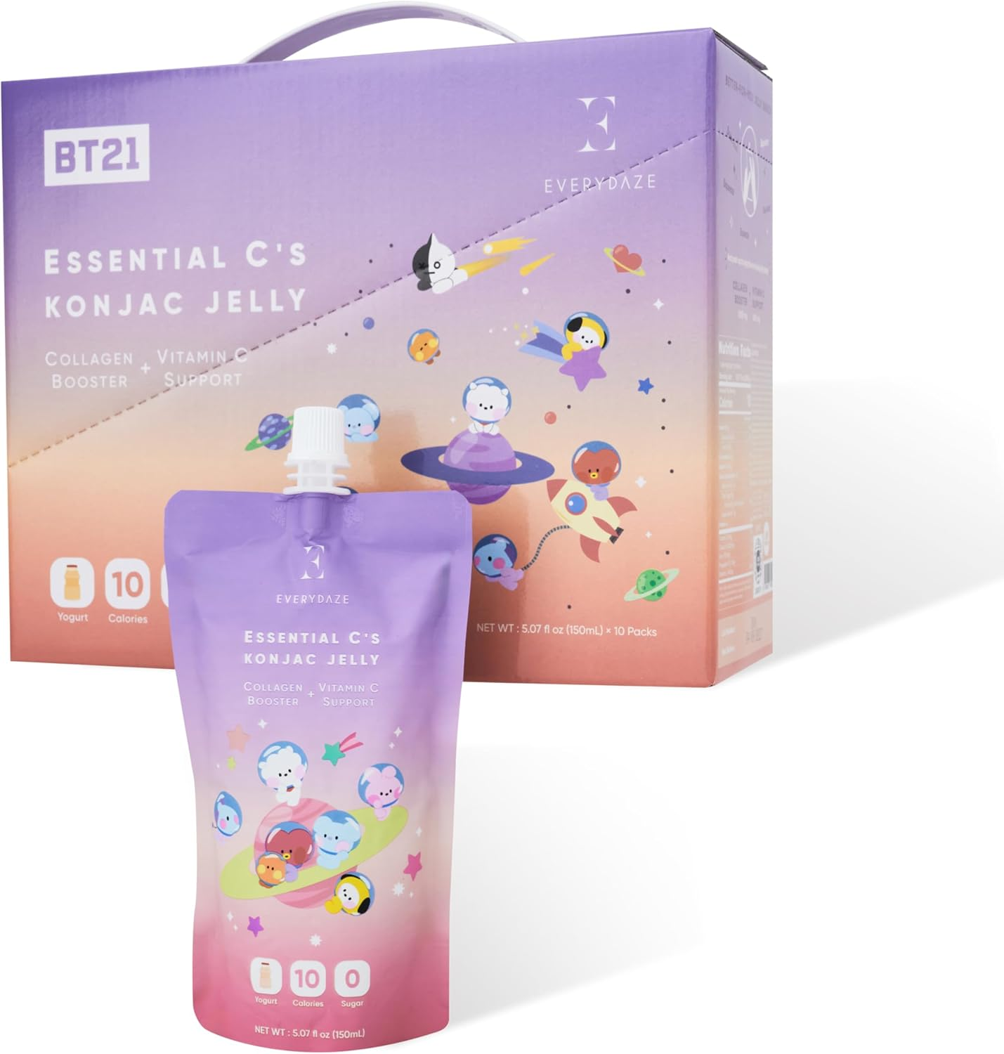 EVERYDAZE BT21 Essential C’s Konjac Jelly | Yogurt | Vegan Collagen Peptides and Vitamin C | Gluten Free, Sugar Free, Low Calorie | Healthy Drinkable Fruit Snack | 10 Pack Box Food Drink Pouch