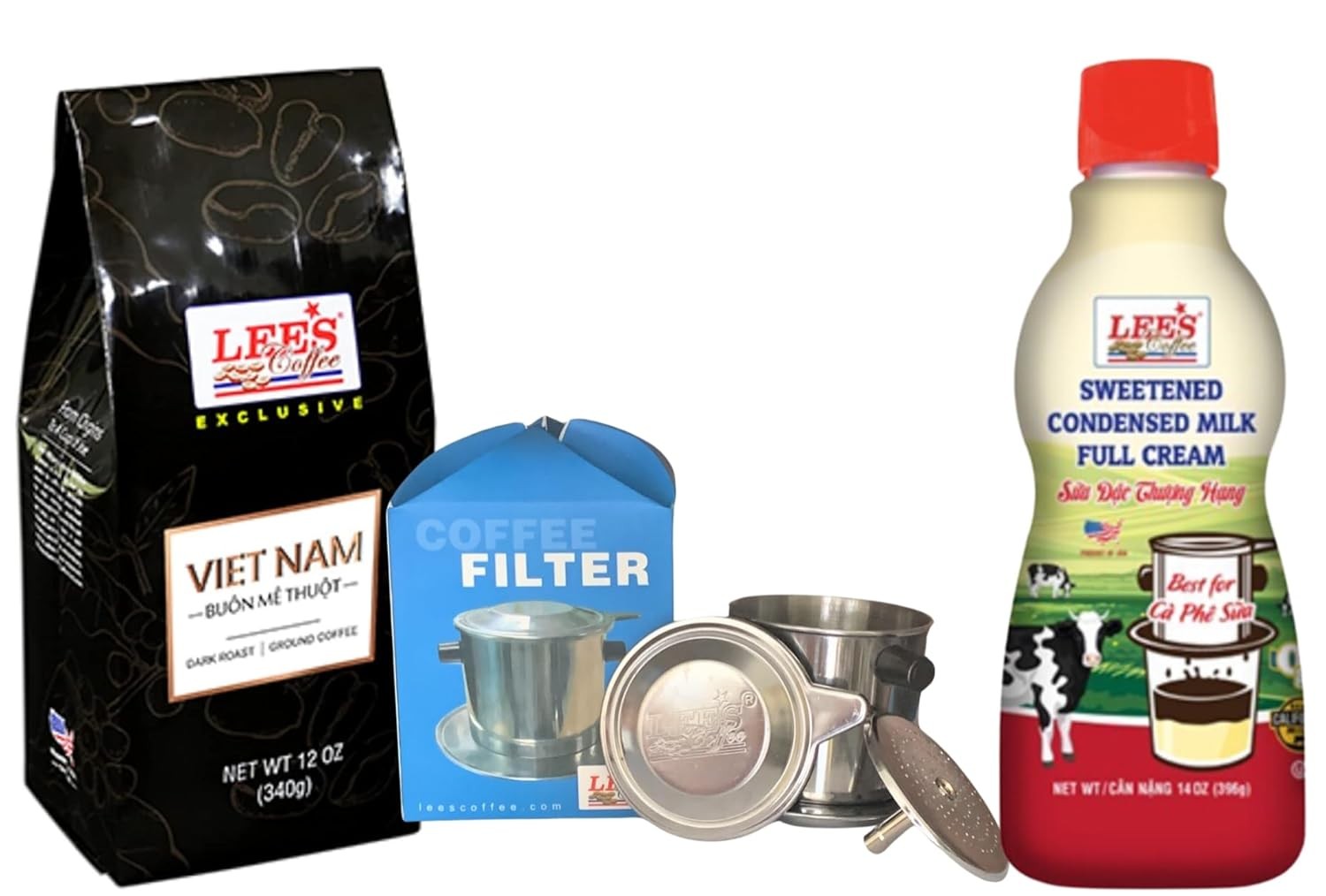 Lee's Coffee The best of Vietnamese Milk Coffee Combo Kits - Bo Ca Phe Phin Ket Hop Sua Dac Ngon Dam Dac Lee Coffee - Included Ground Buon Me Thuot Coffee with the Coffee Fillter and Sweetened Condens