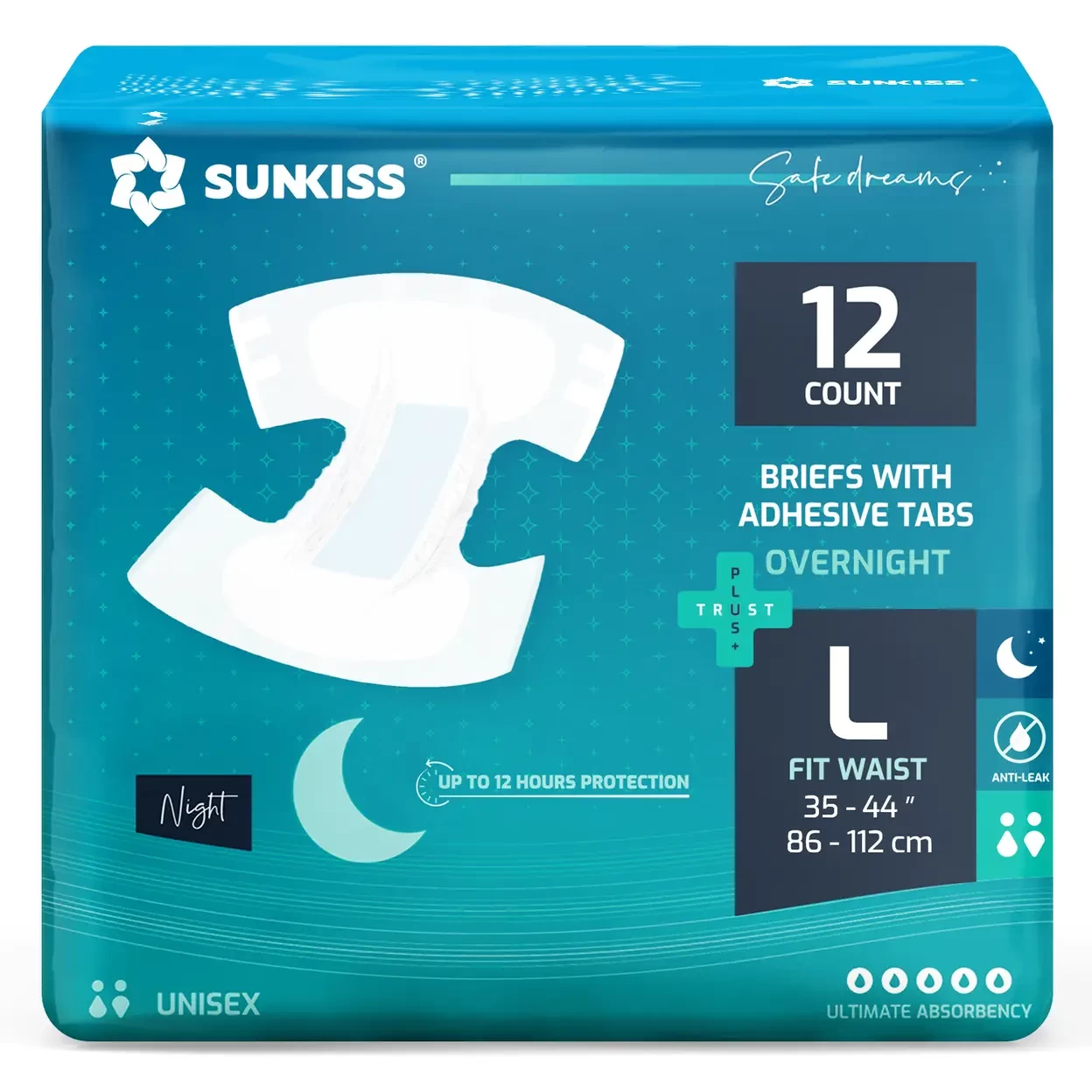 SUNKISS TrustPlus Overnight Adult Diapers with Tabs, Unisex Disposable Incontinence Briefs for Men and Women, Odor Control, Large, 12 Count