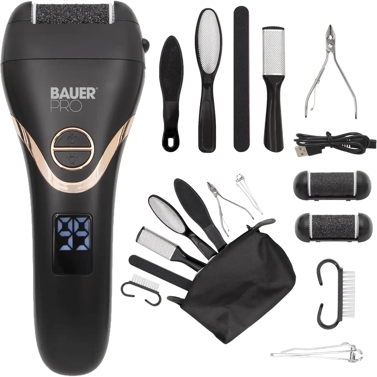 Bauer Professional Electronic Foot File, Rechargeable Hard Skin Remover, Multiple Roller Heads
