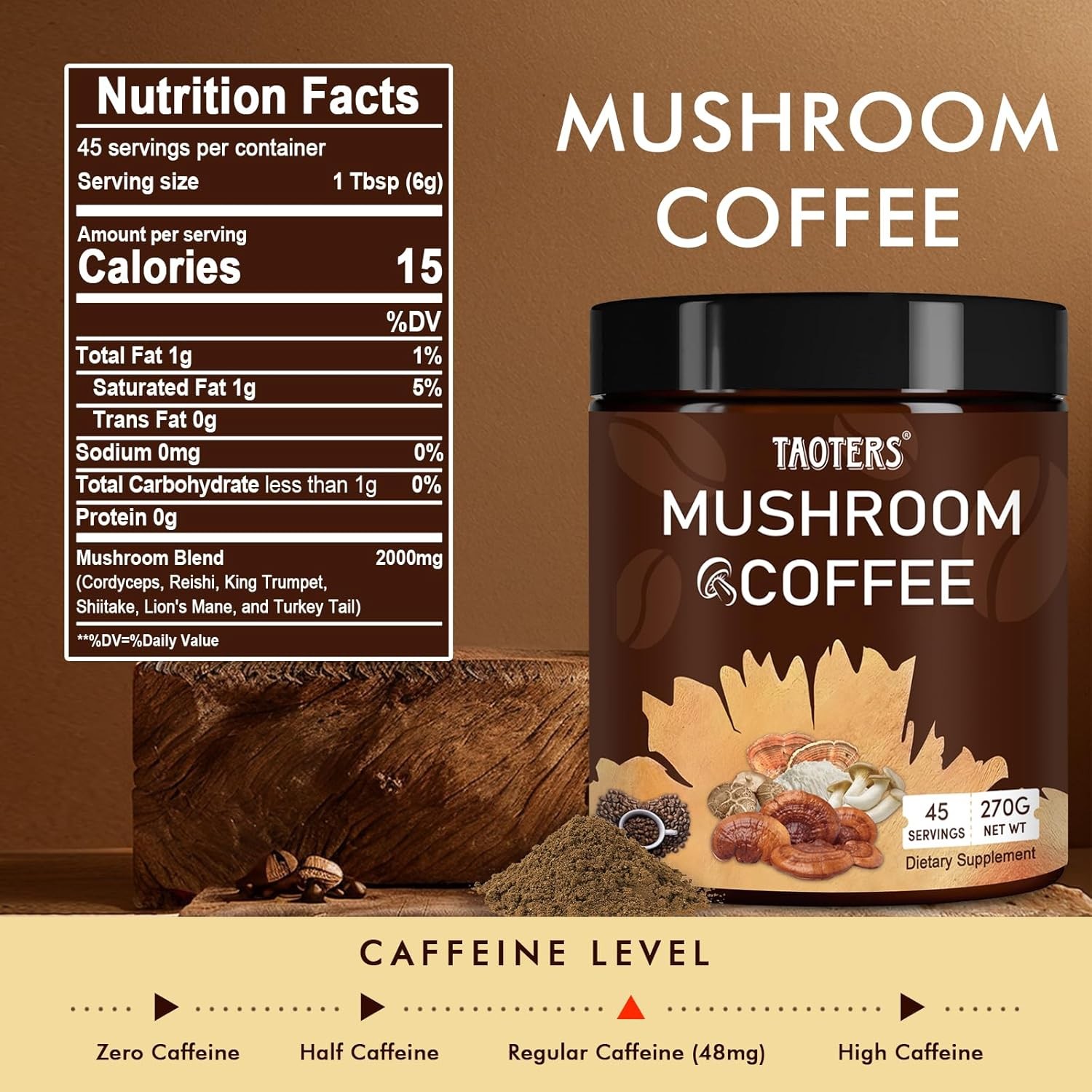 Mushroom Coffee | Enhanced Focus, Boosted Immunity, Improved Energy | 6 Adaptogenic Mushrooms: Cordyceps, Reishi, King Trumpet, Shiitake, Lion's Mane & Turkey Tail | 45 Servings