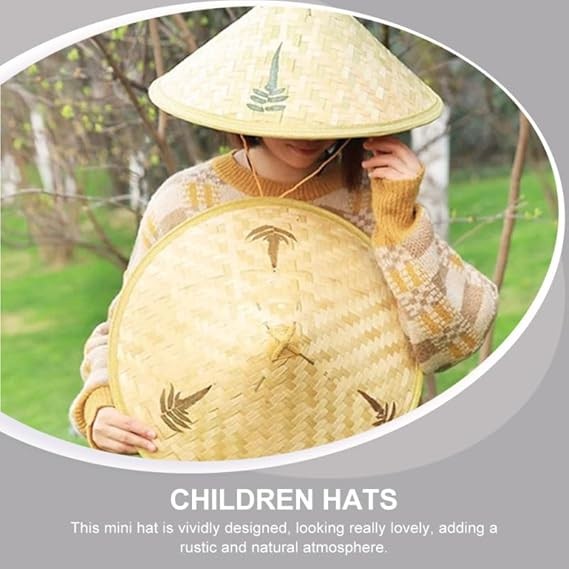 SAFIGLE 2Pcs Chinese Straw Hat：Bamboo Woven Vietnamese Hats for Kids & Adults - Japanese Weave Straw Cap for Women Photography Prop Hand-Knitted Cap Asia 14.17 Inch Diameter