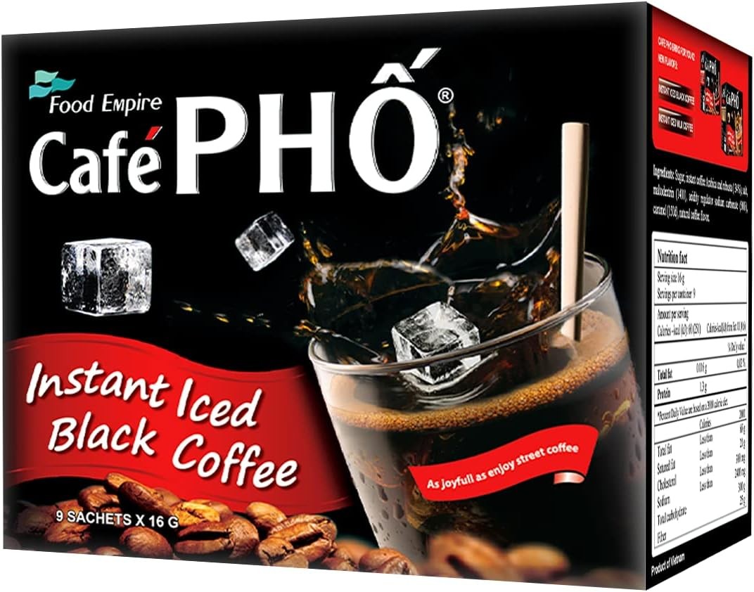 Cafe Pho Vietnamese Instant Coffee Mix, Iced Black Coffee, Cafe Den Da, Single Serve Coffee Packets, Box of 9 Sachets, Pack of 3