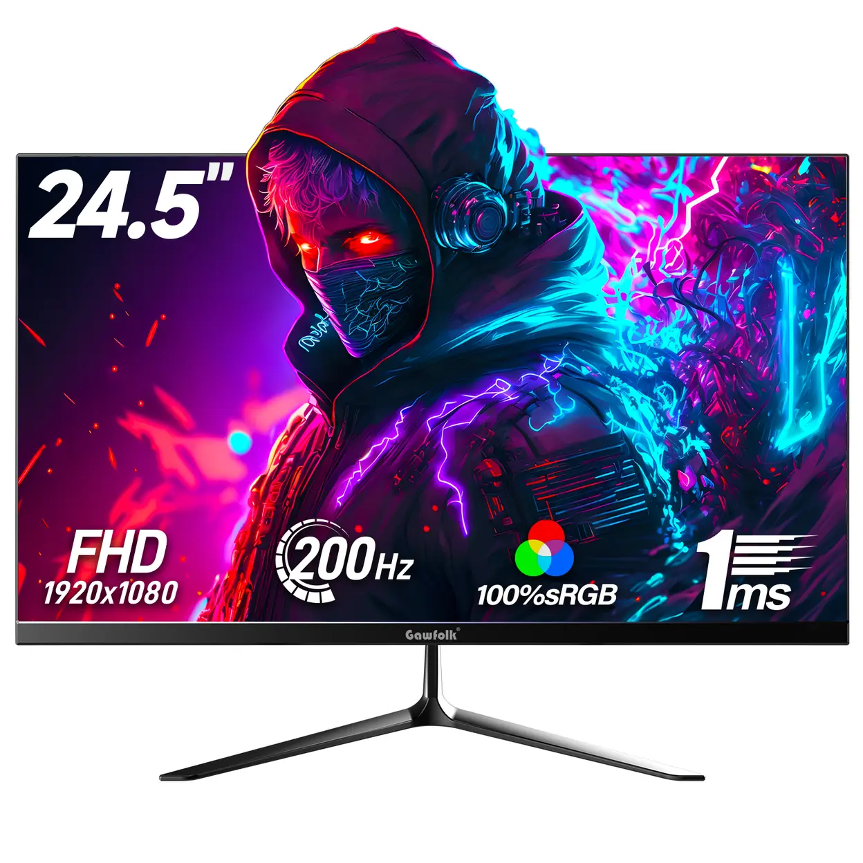 Gawfolk 24.5" FHD 1080P Gaming Monitor, 200Hz High Refresh Rate, 1ms GTG Fast Response, Built-In Speakers, Borderless, AMD FreeSync, 99% sRGB Color Gamut, 178° Viewing Angle, HDMI/DisplayPort, VESA Mo