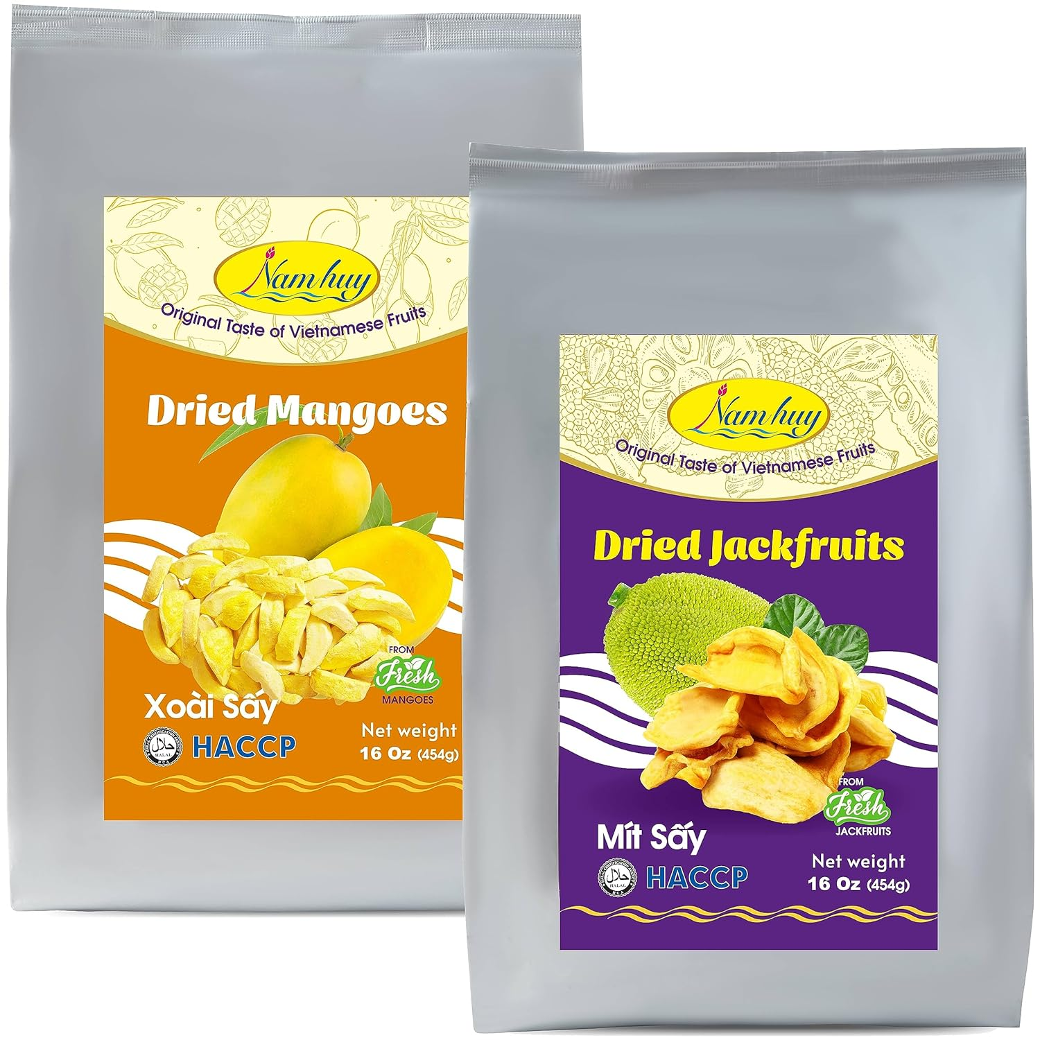 NAM HUY Vietnam's Dried Jackfruit and Dried Mango Fruit Snacks, Original Taste of Vietnamese Fruits, No-Added Sugar or Preservatives, Delicious Crispy Texture, HACCP & Halal Certificate (Total 32Oz)