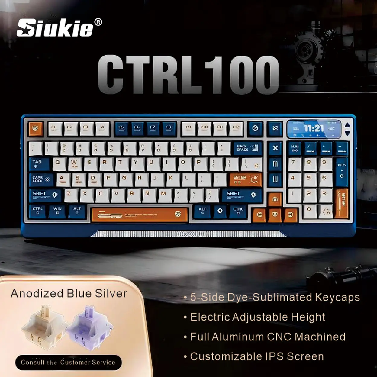 【Innovative Motorized Lift】Siukie CTRL100 CNC Aluminum Mechanical Keyboard, HMX Cream Taro HIFI Switches, Customized IPS Screen, Gasket Mount, Tri-Mode Wireless, 96% Layout, US QWERTY, Klein Blue