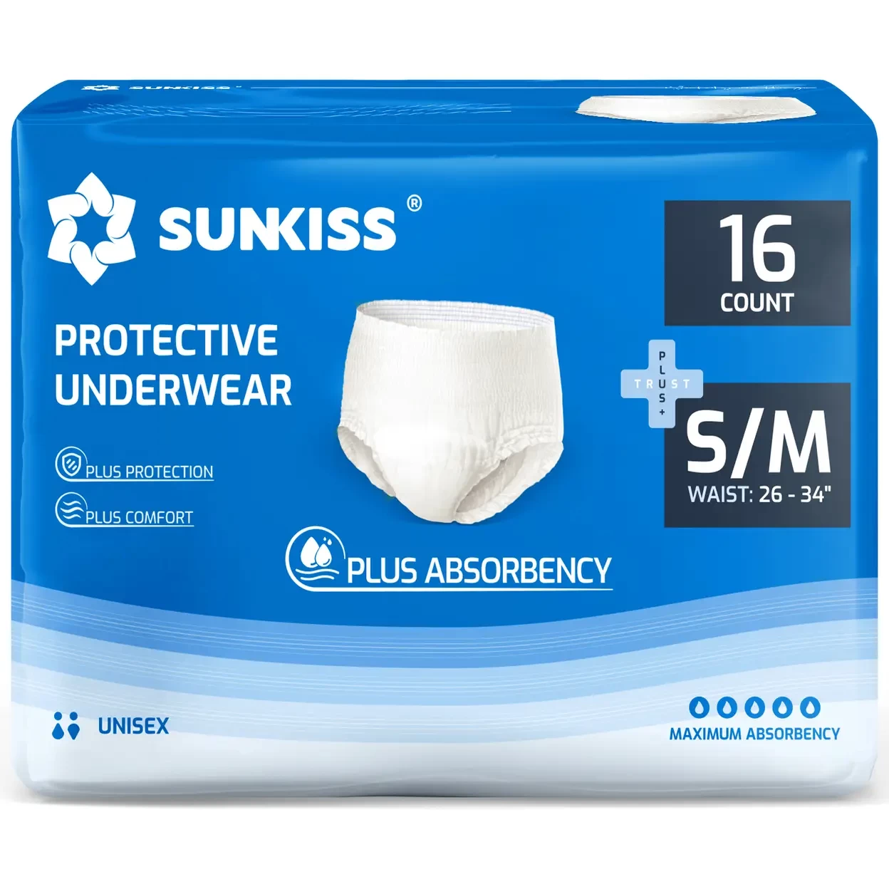 SUNKISS TrustPlus Unisex Incontinence Disposable Underwear, Heavy Absorbency, Barrier Leak Protection, Odor Control, 16 Count, Small/Medium