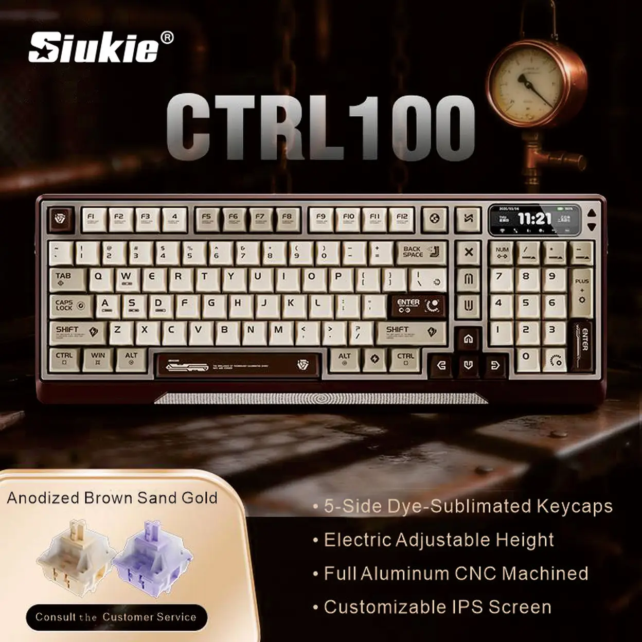 【Innovative Motorized Lift】Siukie CTRL100 CNC Aluminum Mechanical Keyboard, HMX Cream Taro HIFI Switches, Customized IPS Screen, Gasket Mount, Tri-Mode Wireless, 96% Layout, US QWERTY, Brown