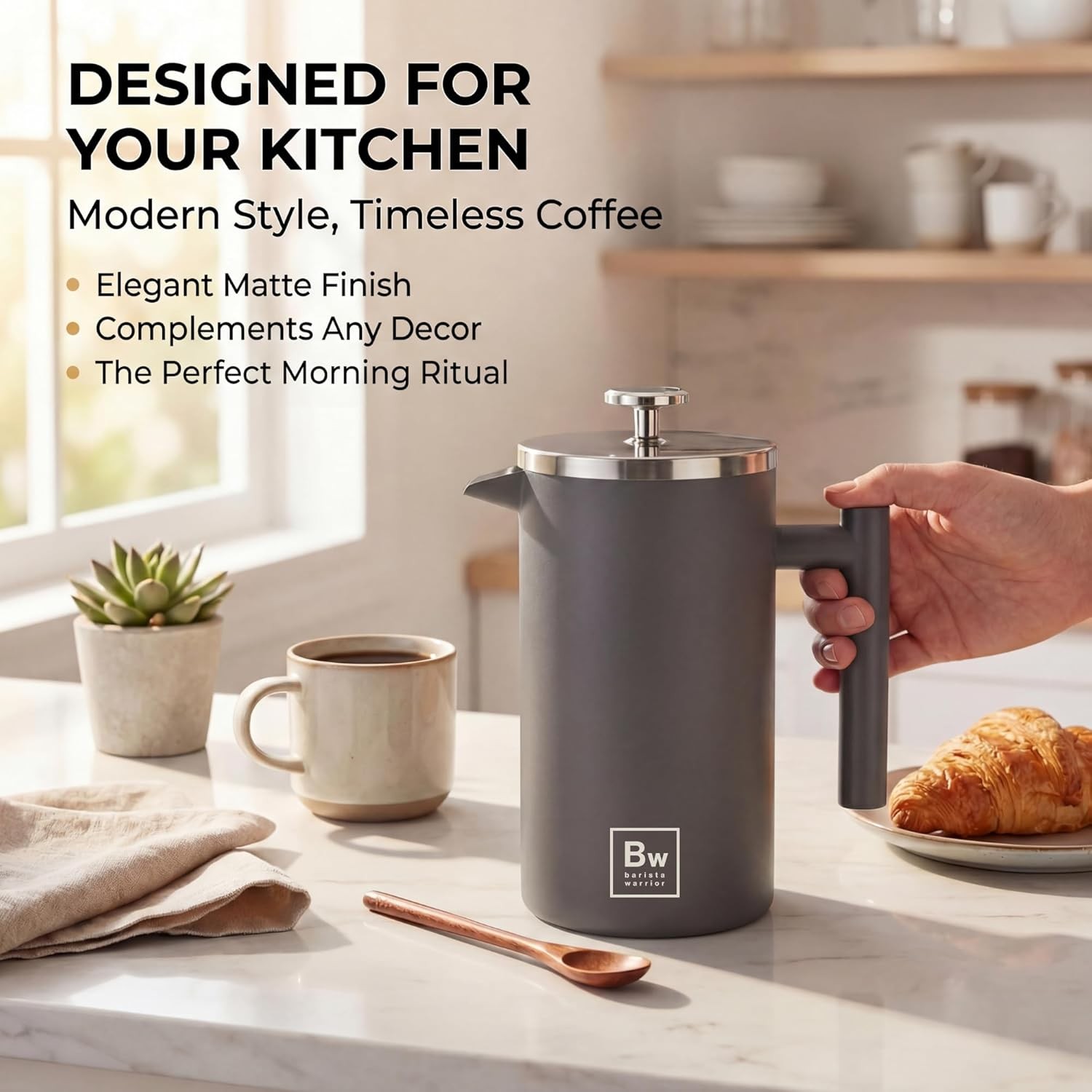 Barista Warrior French Press Coffee Maker Stainless Steel with Built-In Thermometer - Insulated Double Wall Design, Dual Filter System, Stay-Cool Handle & Wood Spoon - Grey
