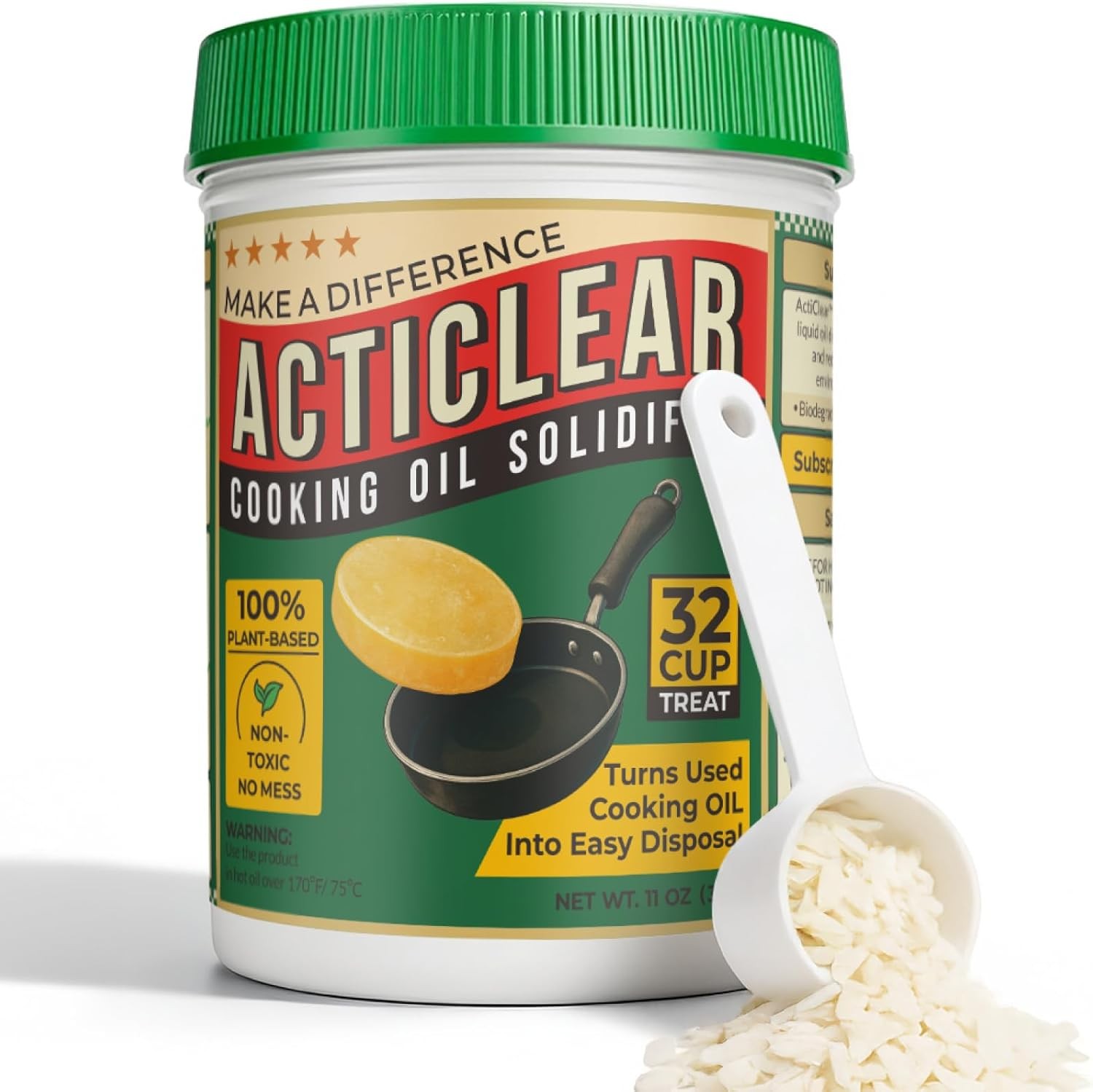 Cooking Oil Solidifier - 11oz (32 Cups) Algae-Based Grease Hardener for Easy Disposal, Turns Used Cooking Oils to Solid Waste, Kitchen Fry Oil Solution (2.2 Gallons)