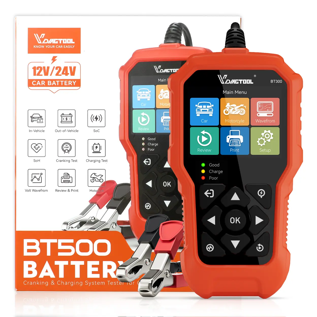 Battery Tester Car 6 V 12 V 24 V VDIAGTOOL BT500, 5-3000 CCA Battery Tester Car, Starter Alternator Battery Gauge, Battery Guard Charging Crank System for Car Truck Motorcycle SUV ATV Boat